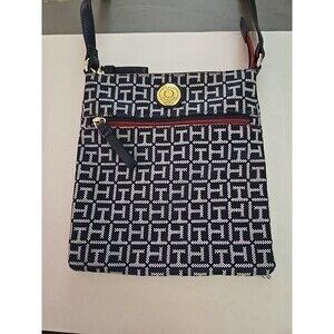 Tommy Hilfiger Crossbody Bag Monogram Black/Tan W/Red Accents Gold Logo Button